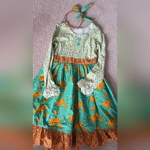 Eleanor Rose Teal Pumpkin-Print Dress with Orange Accents and Headband